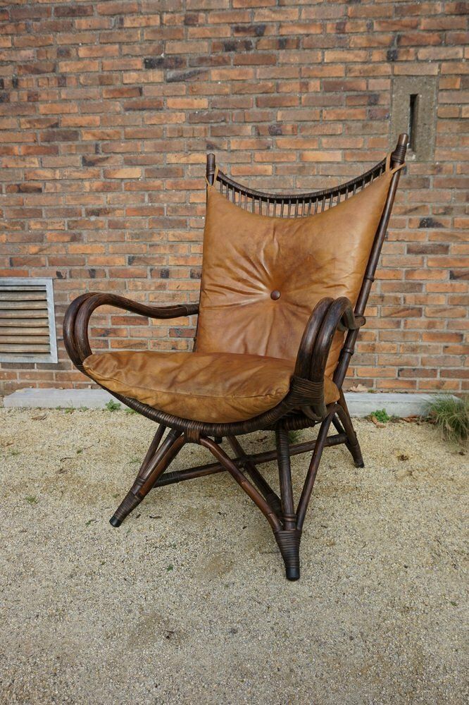 Bamboo And Leather Sculptural Fan Back Lounge Chair, 1960s photo furniture