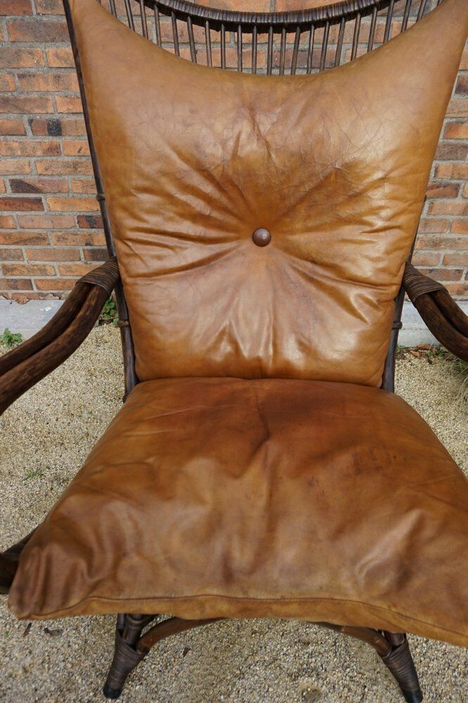 Bamboo And Leather Sculptural Fan Back Lounge Chair, 1960s photo vinterior
