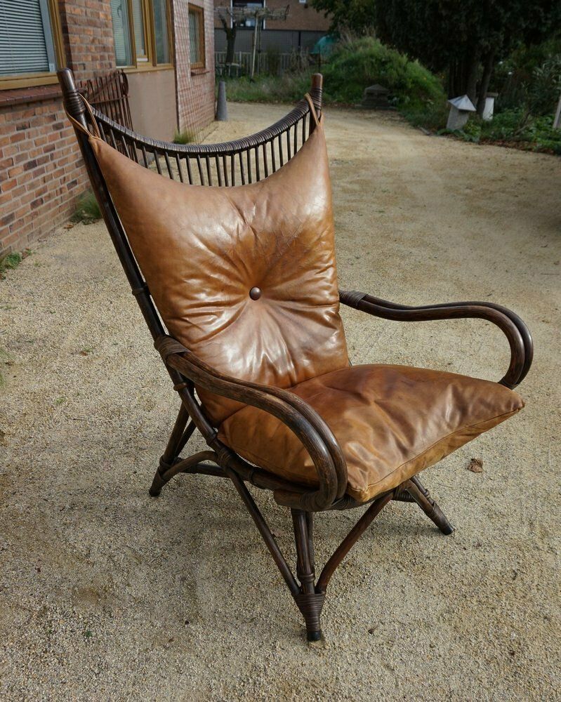 Bamboo And Leather Sculptural Fan Back Lounge Chair, 1960s photo buy