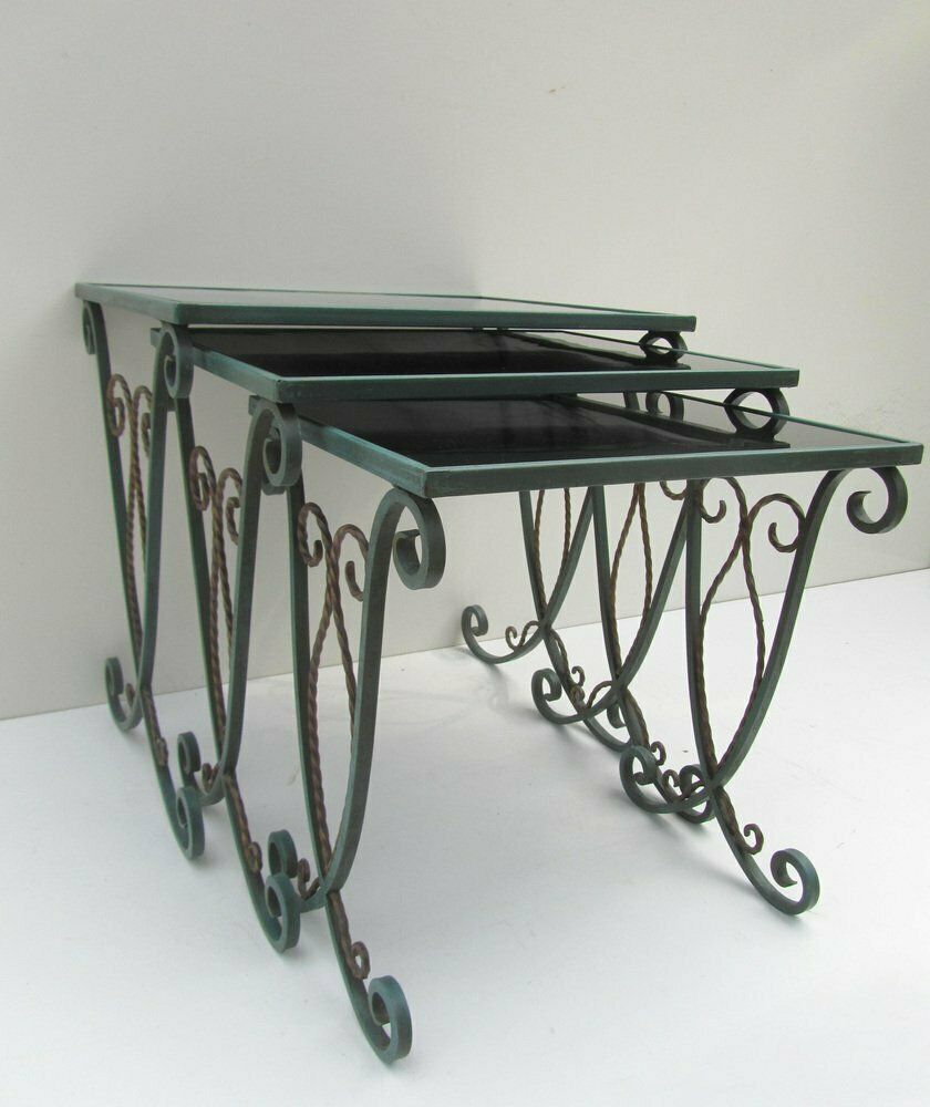 French Black Glass Nesting Tables In Wrought Iron, 1940s, Set Of 3 photo for sale