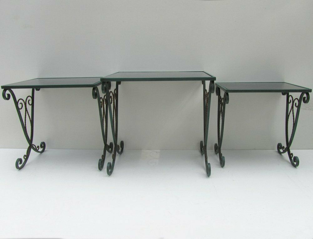 French Black Glass Nesting Tables In Wrought Iron, 1940s, Set Of 3 photo vinterior