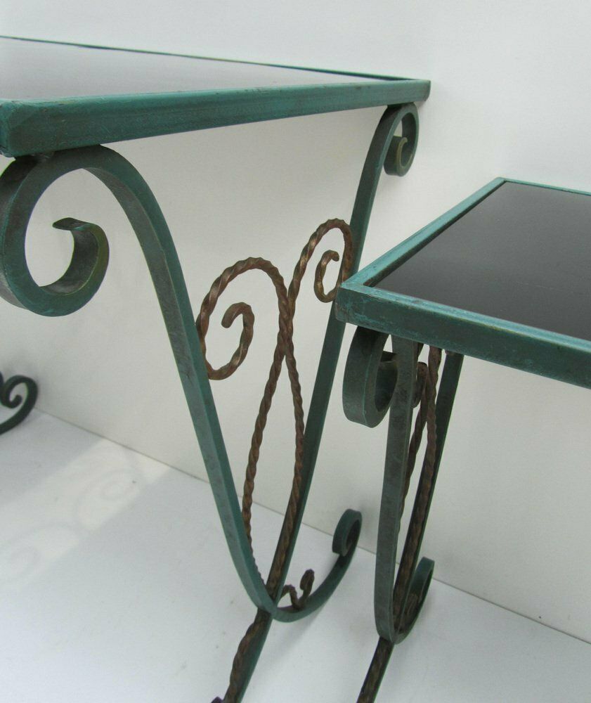 French Black Glass Nesting Tables In Wrought Iron, 1940s, Set Of 3 photo vintage