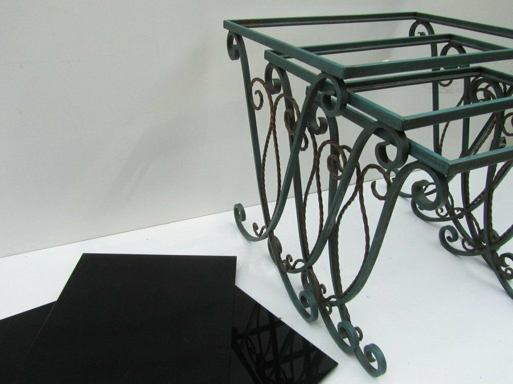 photo for sale French Black Glass Nesting Tables In Wrought Iron, 1940s, Set Of 3