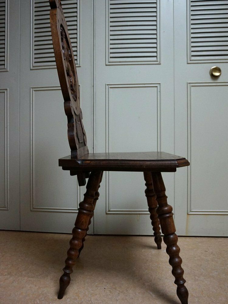 photo for sale 19th Century Swiss Black Forest Hand Carved Oak Side Chair With Standing Lion