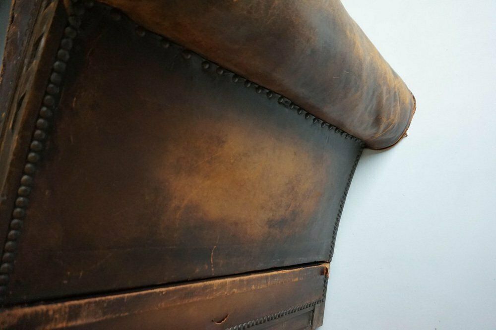 French Distressed Leather Adjustable Loveseat Or Daybed, 1900s photo vinterior