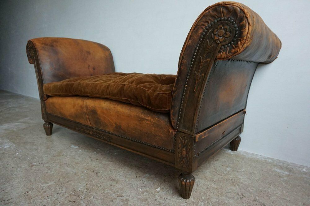 photo furniture French Distressed Leather Adjustable Loveseat Or Daybed, 1900s
