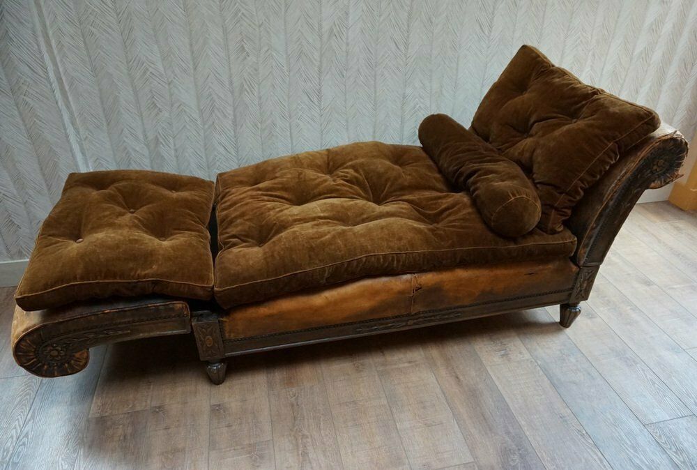 photo buy French Distressed Leather Adjustable Loveseat Or Daybed, 1900s
