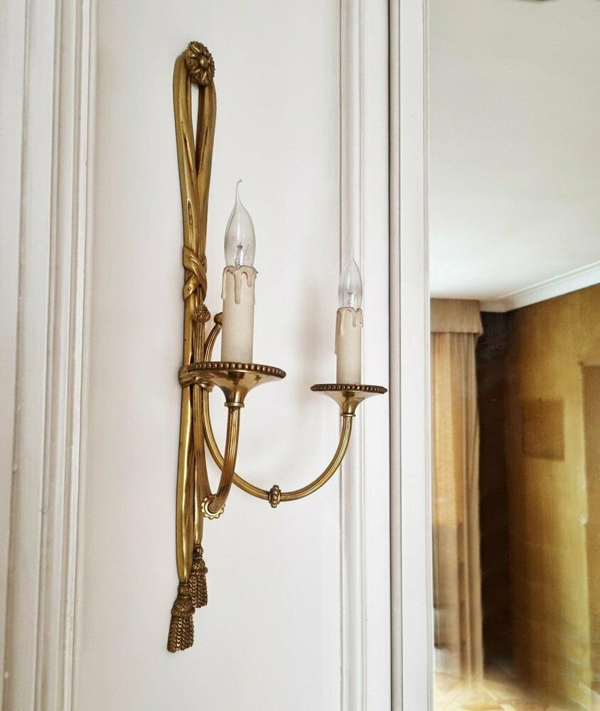 Large 19th Century French Gilt Bronze Knot, Tassel & Ribbon Wall Lights Sconces, Set Of 2 photo 1680.0