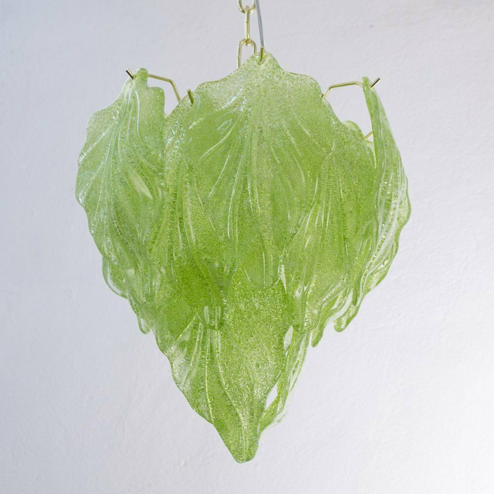 Light Green Pendant Chandelier With Murano Glass Leaves, Italy, 1990s photo vinterior