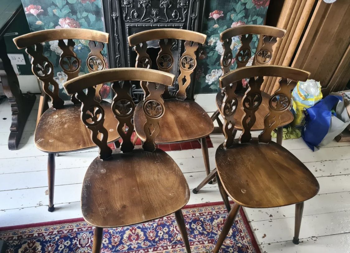 photo furniture Five Ercol Fleur De Lys Dining Chairs, 375, Triple Fleur De Lys 1980/1981