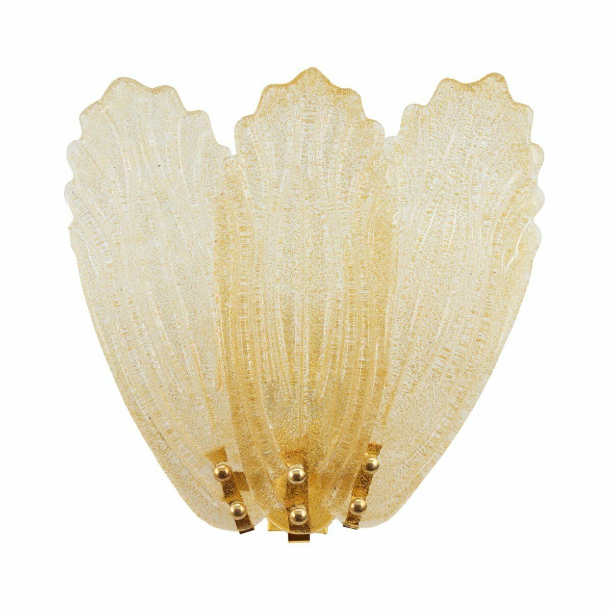 Large Applique With 3 Leaves In Murano Glass, Amber Color And Gold Structure, Italy