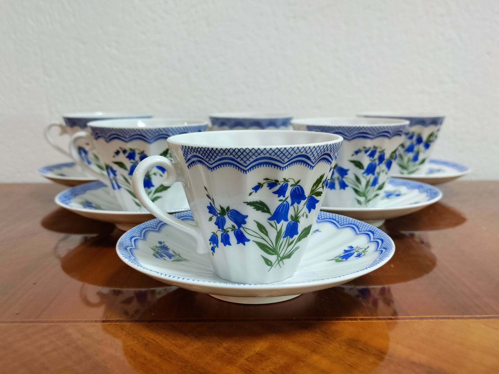 Set Of 6 Tea Cups With Saucers By Russian Imperial Porcelain Lomonosov // Lomonosov Porcelain With Bluebells // Made In Ussr In 1960s