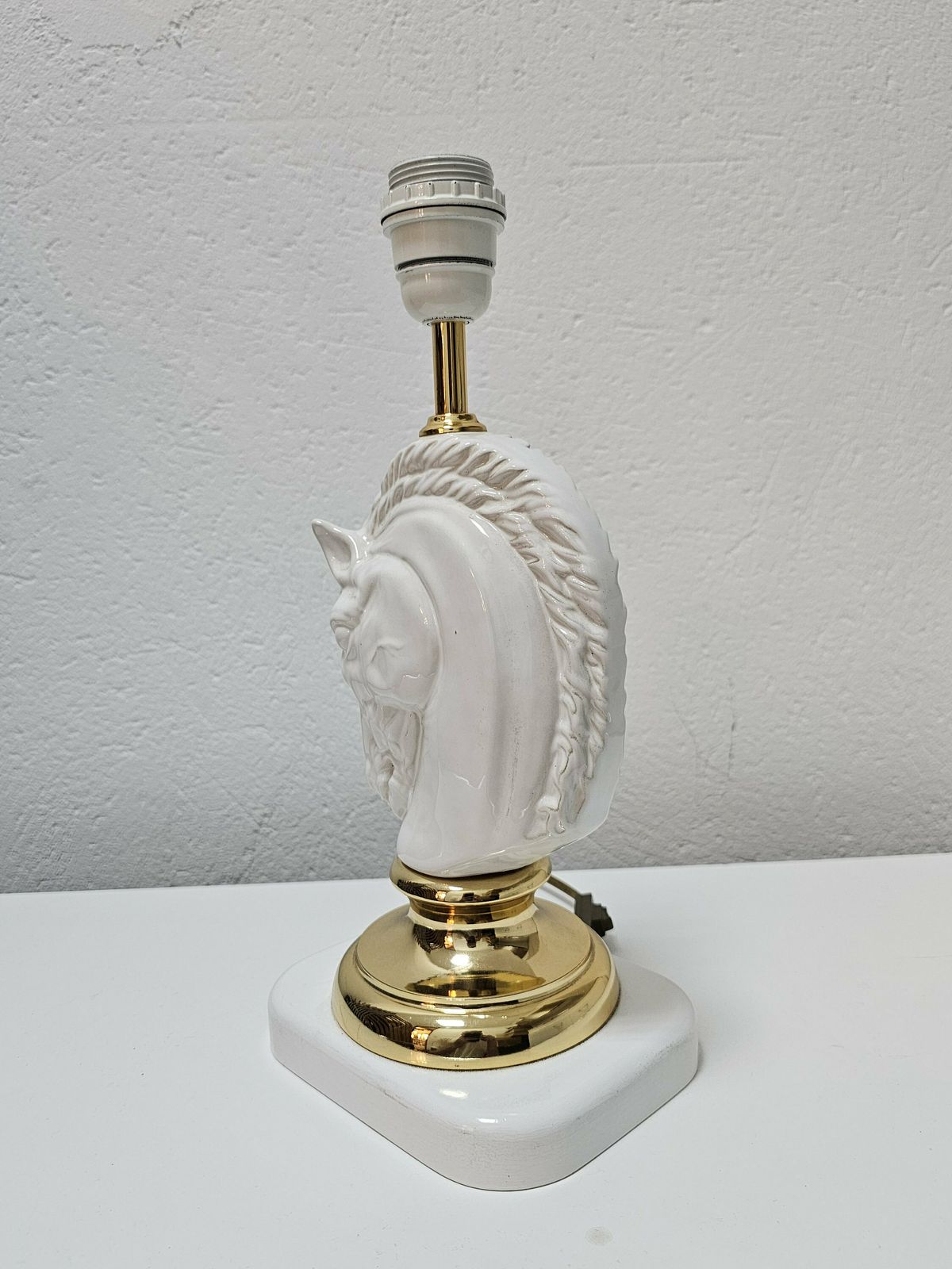 Pair Of Hollywood Regency Table Lamps In Shape Of Horse Heads // Highly Decorative Brass And Ceramic Lamps // Made In Austria In 1970s photo for sale