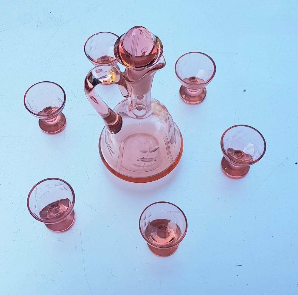 Art Nouveau Pink Crystal Glass Decanter With 6 Glasses, 1910s, 7th Century. Set photo furniture