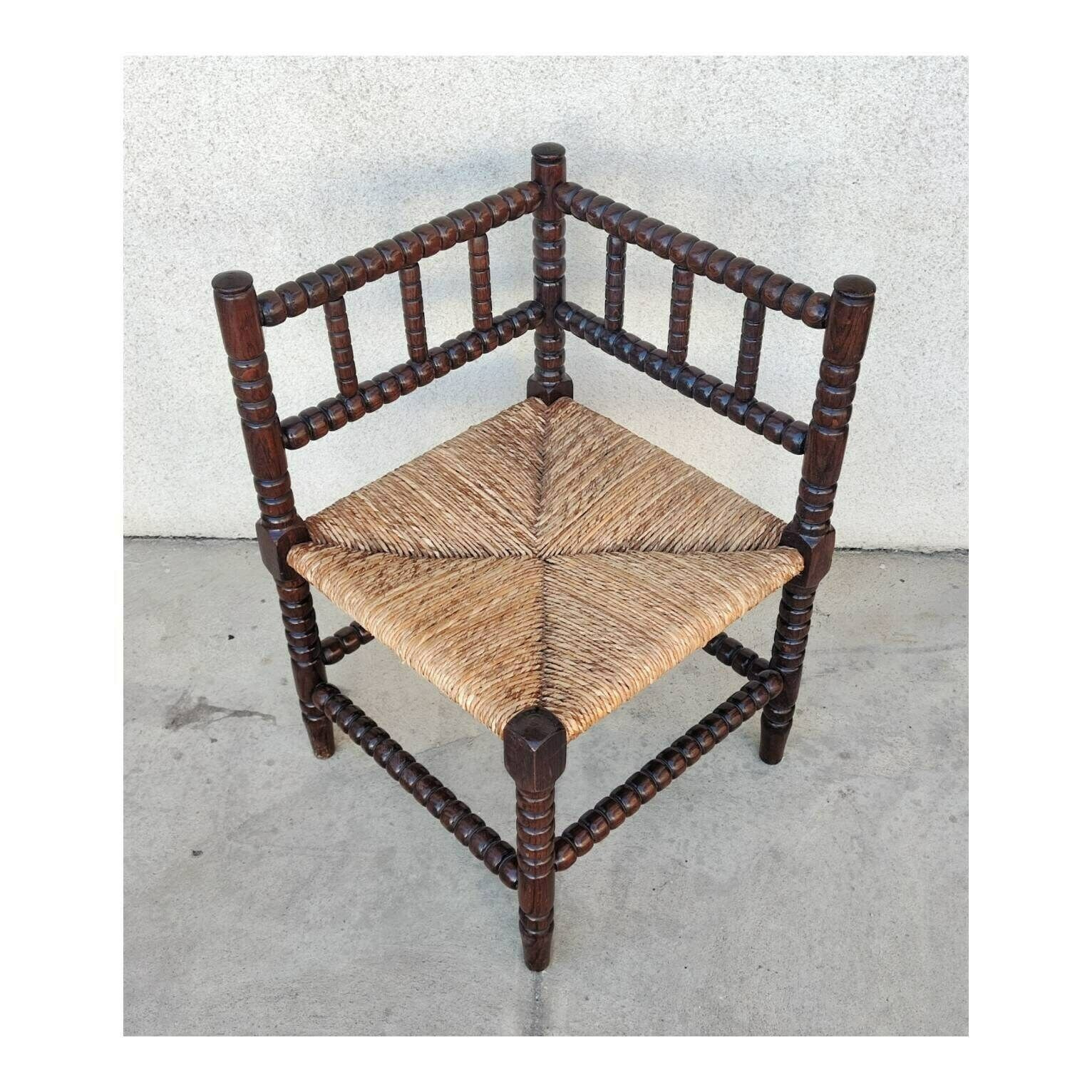 Very Rare Antique French Provincial Carved Oak Bobbin Rush Corner Chair // Pettite Antique Armchair // Made In France In 1910s photo 750.0