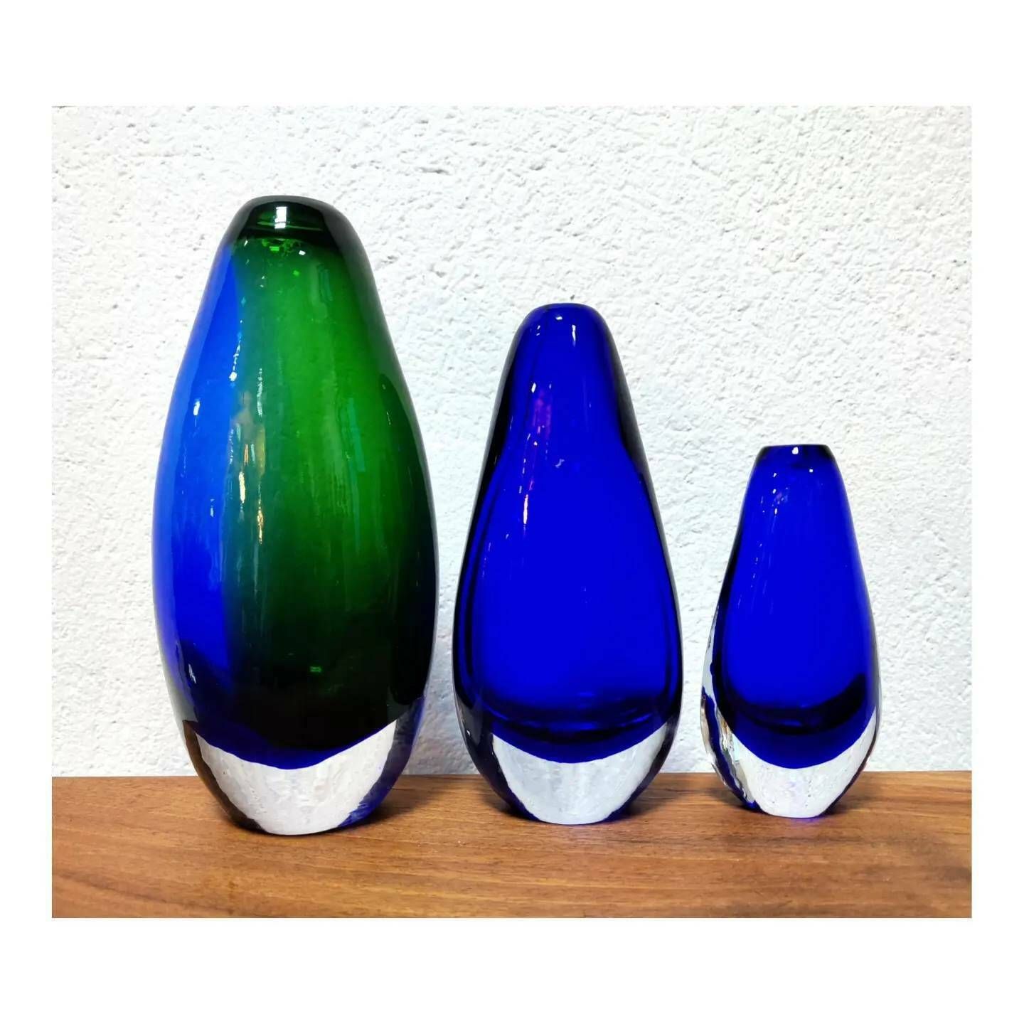 Set Of Three Mouth Blown Murano Glass Vases Designed By Flavio Polli For Seguso In Cobalt Blue Glass // Made In Italy In 1970s
