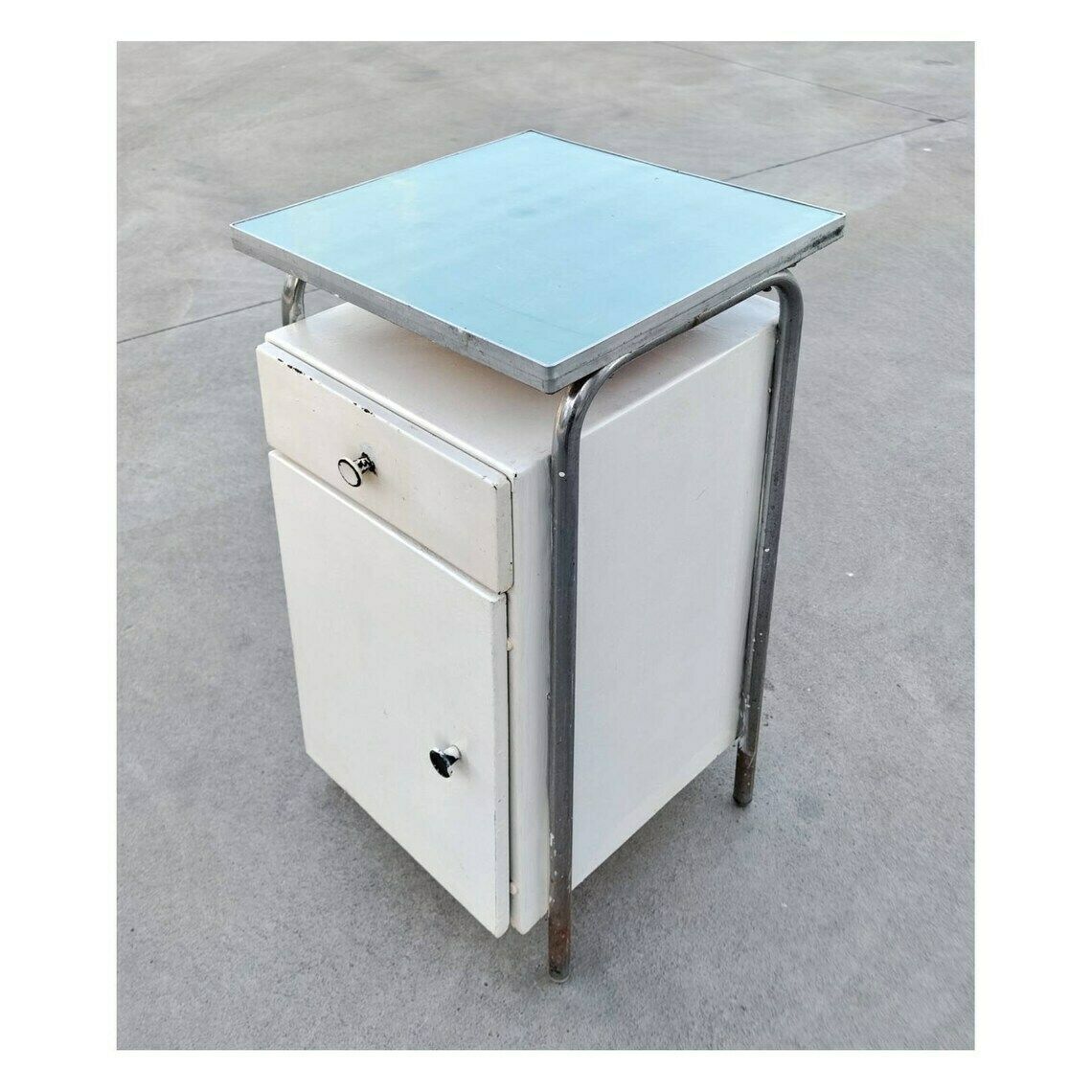 Very Rare Bauhuas Hospital Bedside Table // Bauhaus Medical Cabinet // Bauhaus Metal Nightstand // Made In Yugoslavia In 1930s