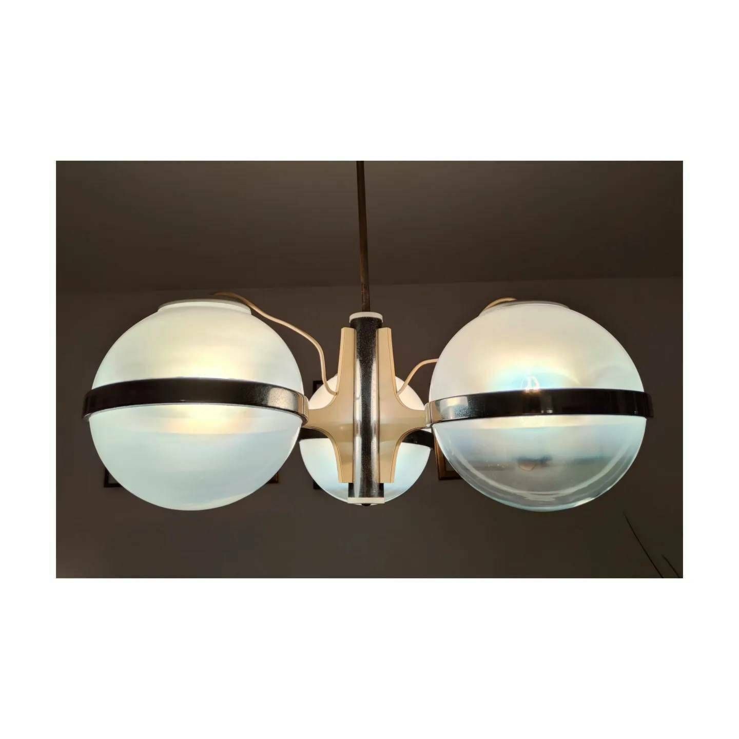 Rare Space Age Pendant With 3 Large Opaline Glass Balls Held By Chrome Rings // Modernist Chandelier In Gino Sarfatti Style // Made In Italy photo Lighting
