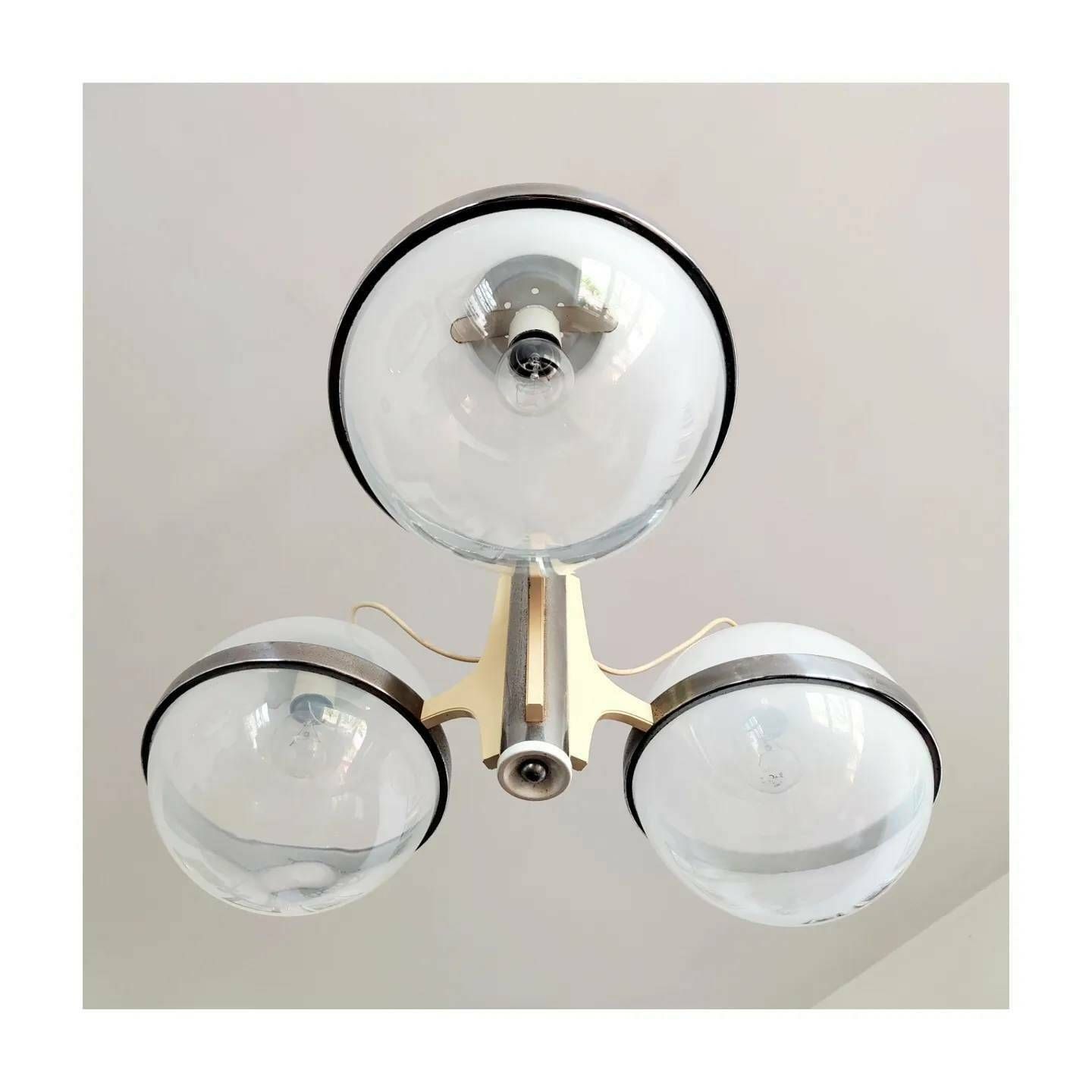 Rare Space Age Pendant With 3 Large Opaline Glass Balls Held By Chrome Rings // Modernist Chandelier In Gino Sarfatti Style // Made In Italy photo 630.0
