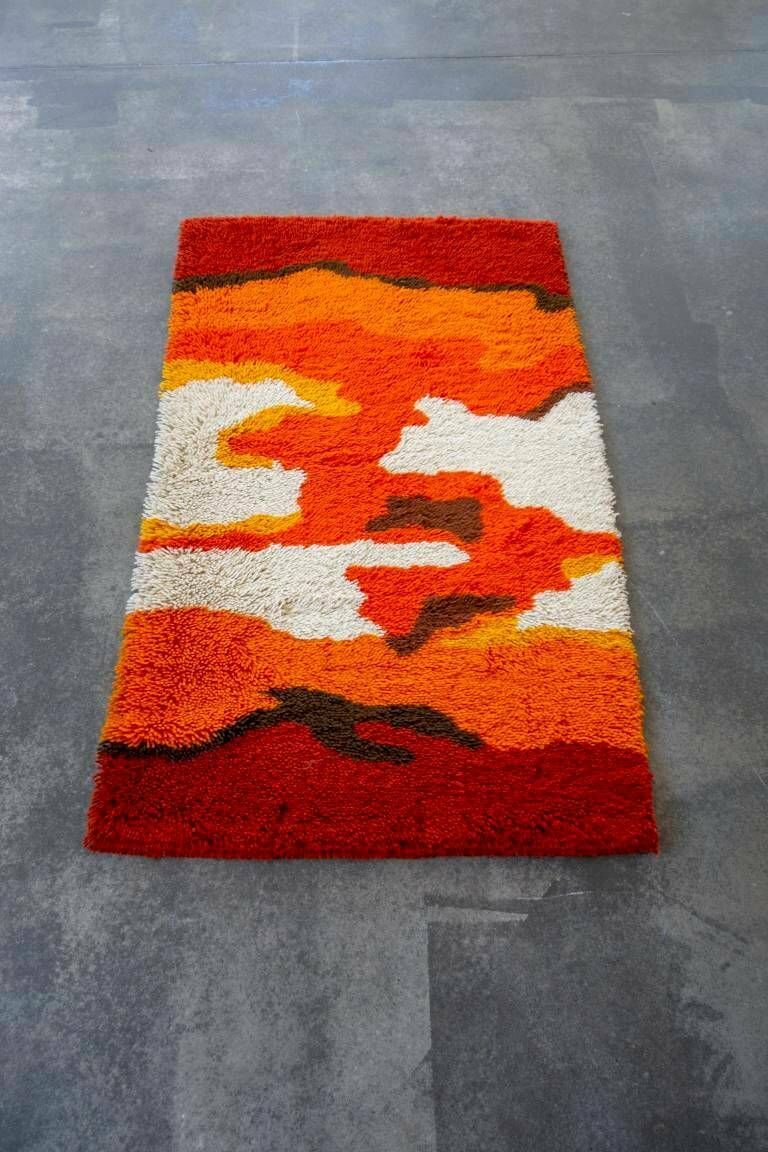Swedish Rya Rug // Mid Century Rug // Orange And Red Rug // Made In Sweden In 1970s
