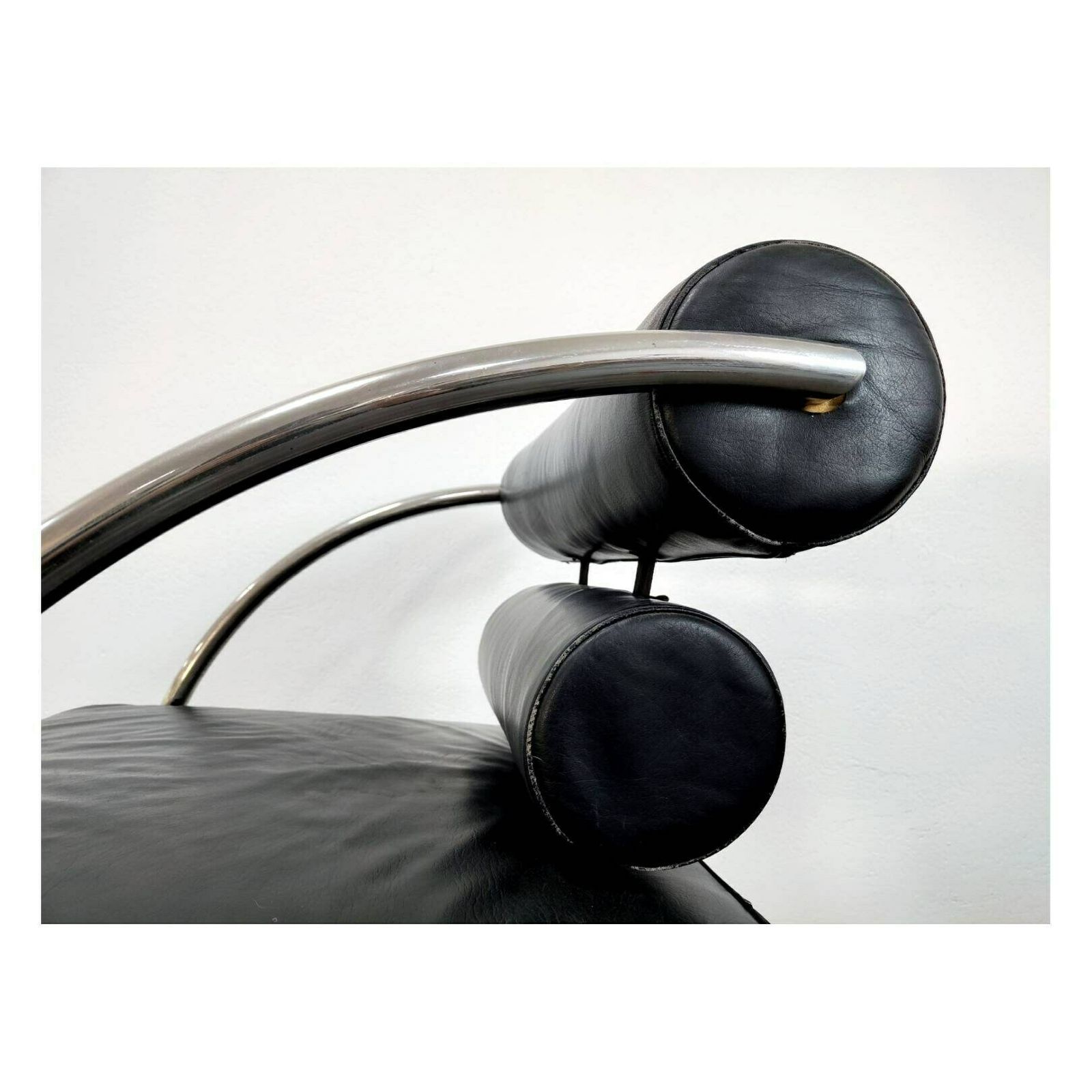 1 Of 2 Bauhaus Black Leather Armchair // Very Rare Tubular Geometric Armchair // Made In Switzerland In 1970s photo 2249.0