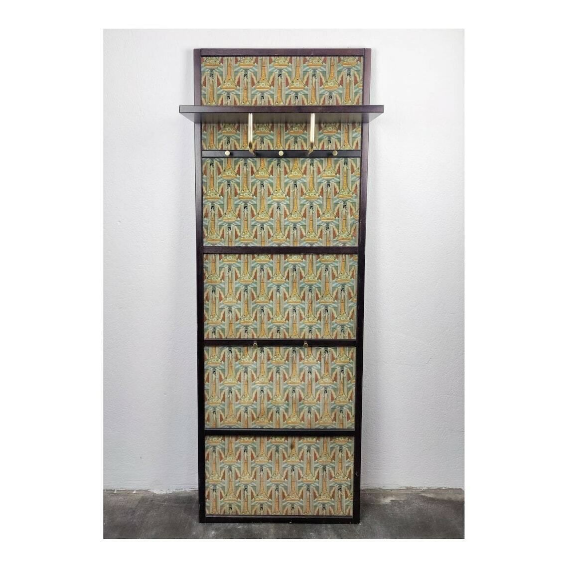 Antique Wall Mounted Coat Rack // Art Deco Coat Rack In Wood, Brass And Fabric With Klimt Esque Motifs // Made In Austria In 1920s photo for sale