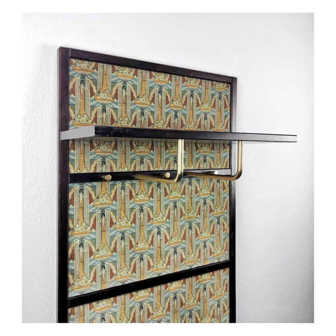 Antique Wall Mounted Coat Rack // Art Deco Coat Rack In Wood, Brass And Fabric With Klimt Esque Motifs // Made In Austria In 1920s photo 3400.0