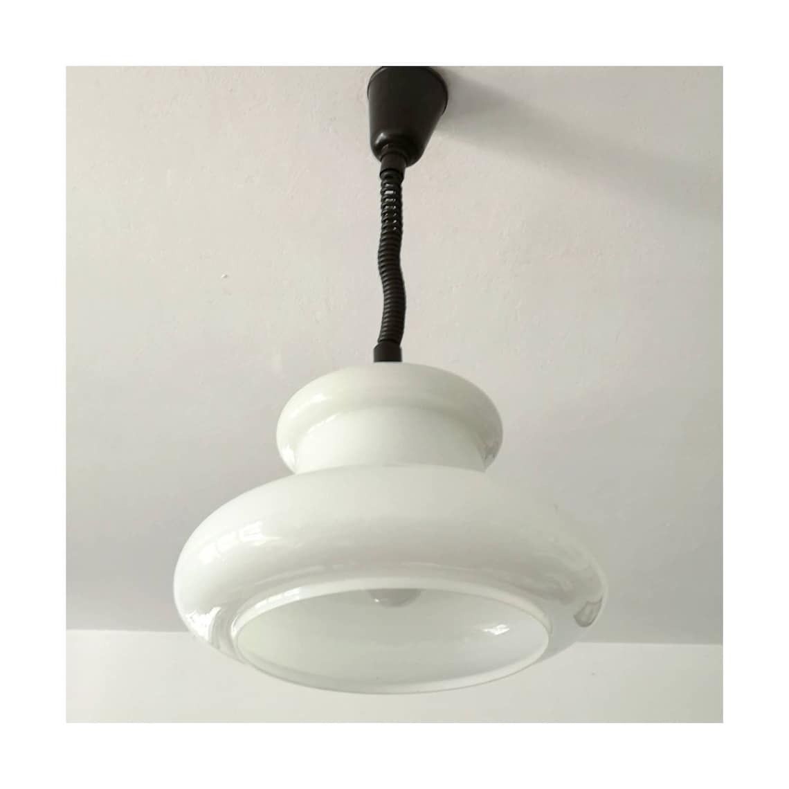 1970s Space Age White Opaline Glass Hanging Lamp // Mid Century Modern Glass Pendant Light // Made In Yugoslavia photo vinterior