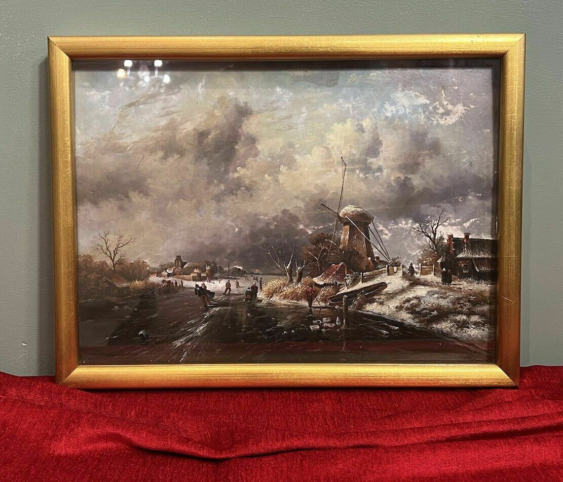 20th Century Dutch Winter Landscape Of Frozen River Ice Skating Scene Signed