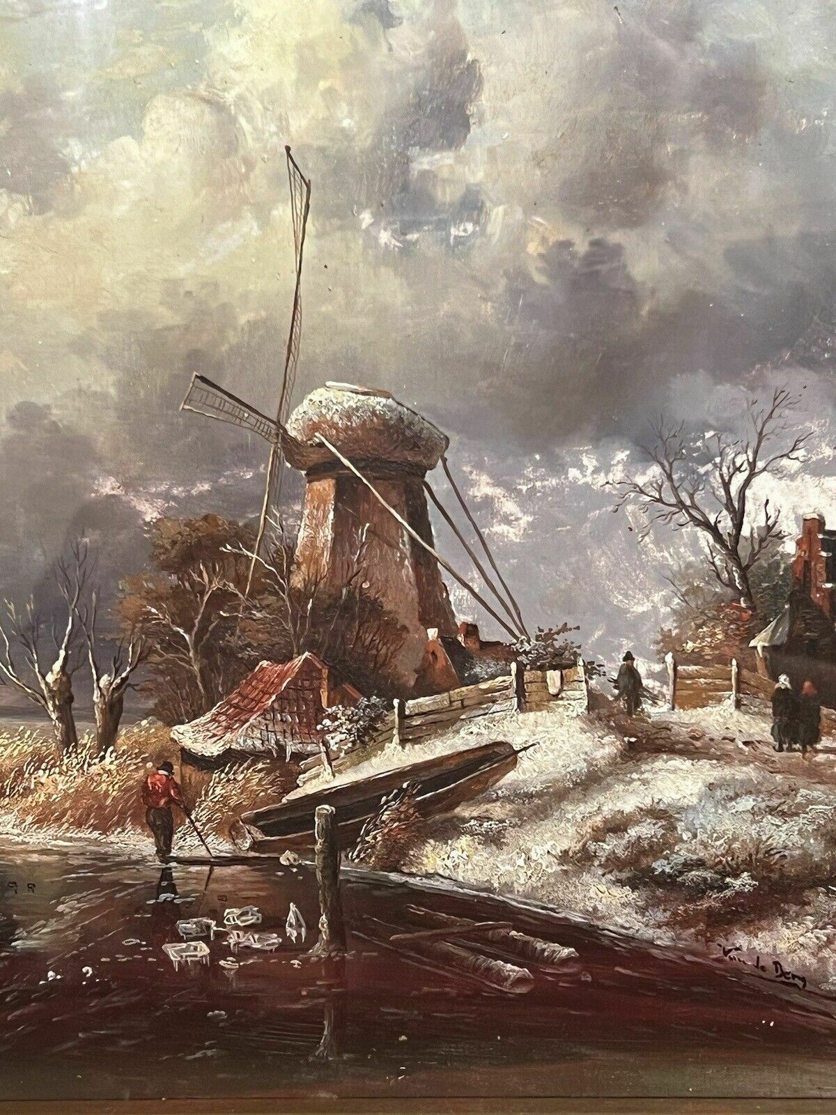 20th Century Dutch Winter Landscape Of Frozen River Ice Skating Scene Signed photo 550.0