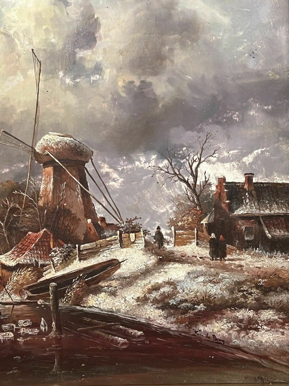 photo furniture 20th Century Dutch Winter Landscape Of Frozen River Ice Skating Scene Signed