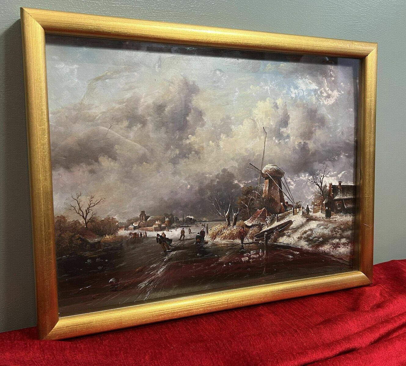 photo for sale 20th Century Dutch Winter Landscape Of Frozen River Ice Skating Scene Signed