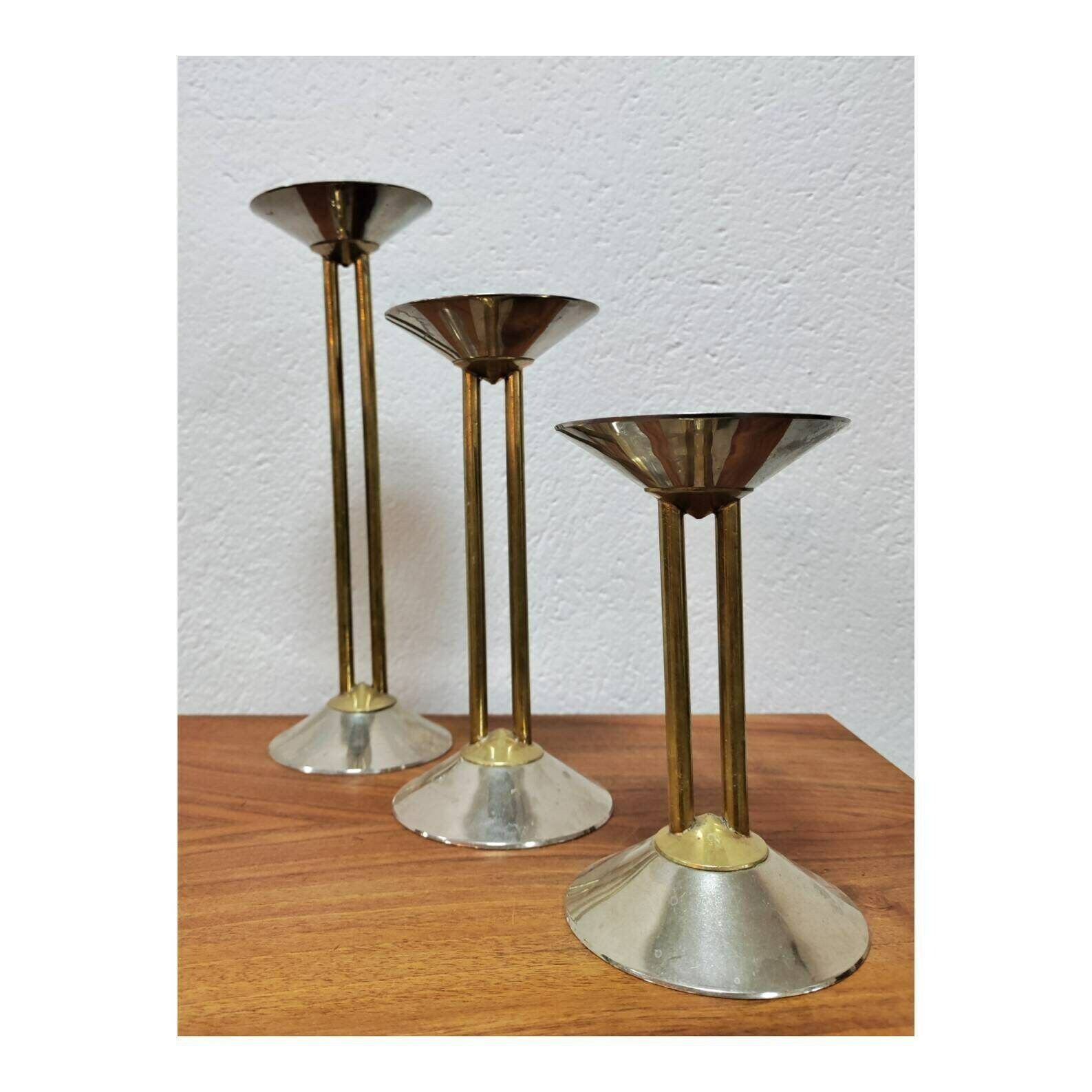 Set Of Three Candlestick Holders In Brass And Chrome // Vintage Candlestick Holders // Made In Germany In 1960s