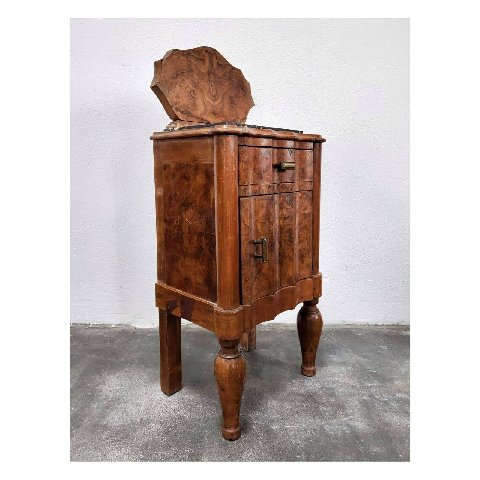 photo for sale Pair Of Antique Nightstands In Walnut Burl And Marble // Art Deco Nightstands // Art Deco Bedside Cabinets // Made In Italy In 1920s