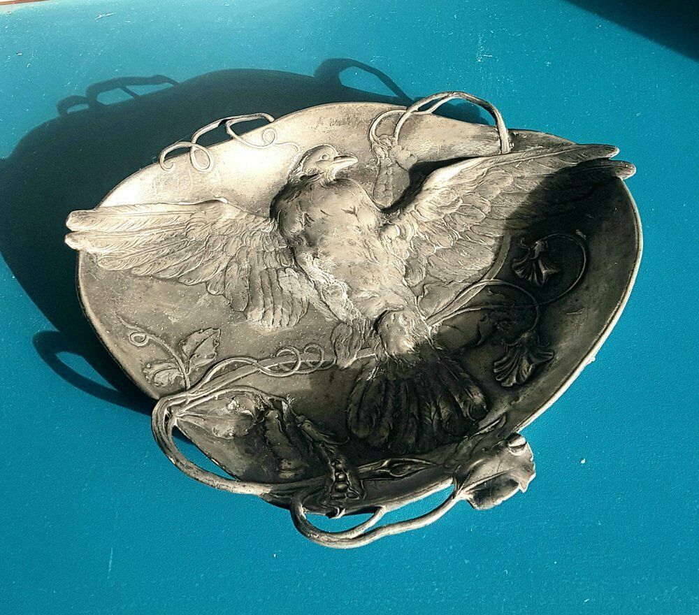 Antique Art Nouveau Tin Bowl With Bird Motif From Wmf