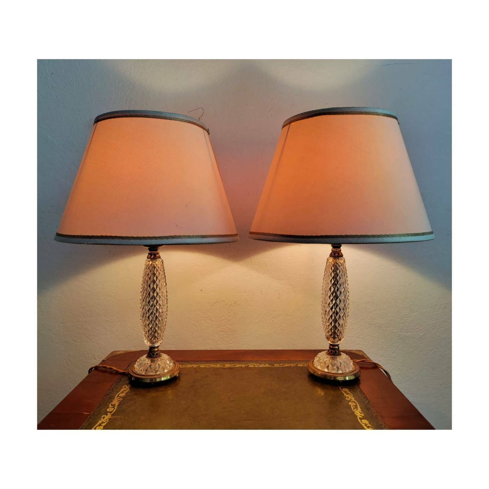 Gilt Bronze And Crystal Bedside Lamps // Diamond Point Crystal Lamps // Hollywood Regency Lamps // Made In Italy In 1950s