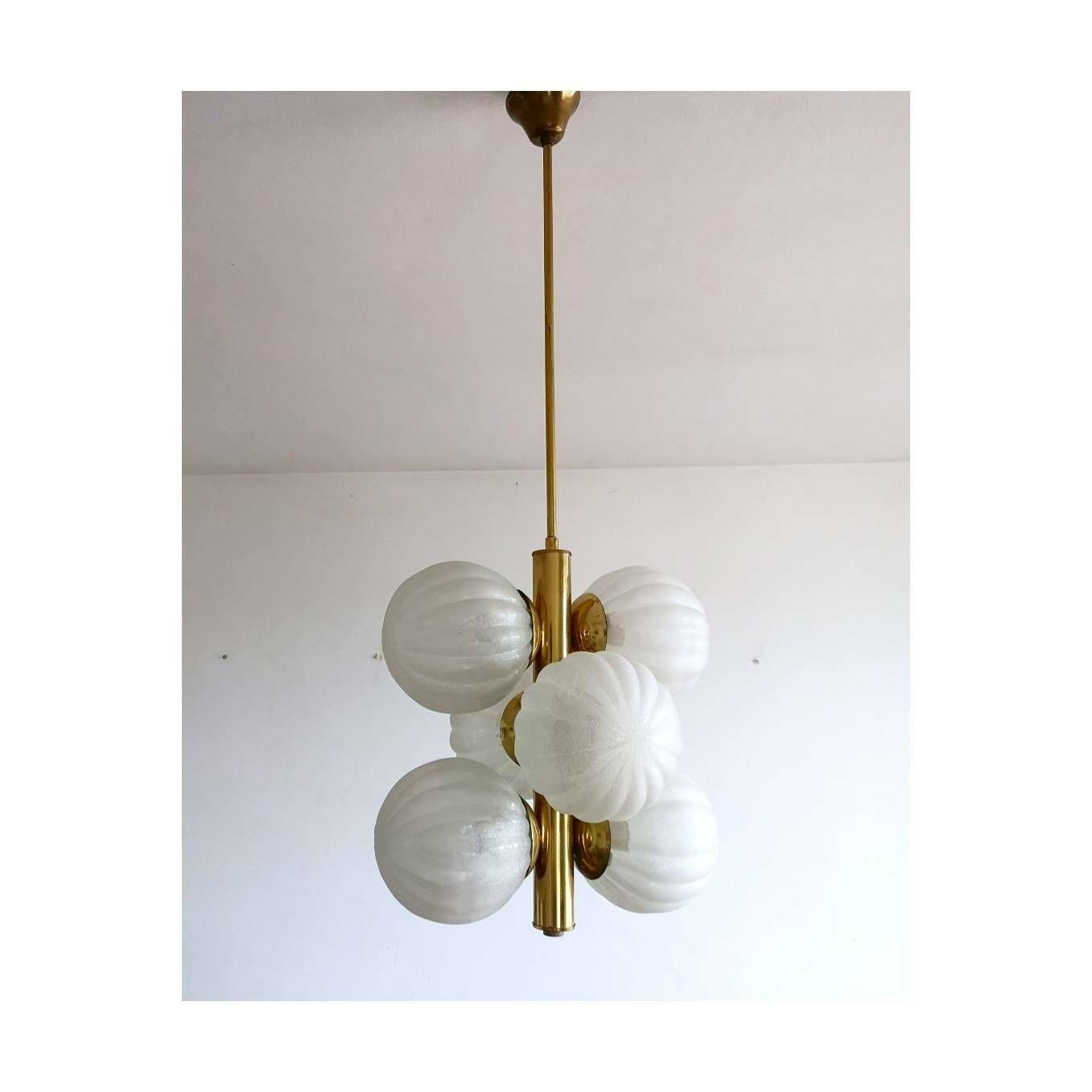 Golden 6 Arm Mid Century Modern Chandelier By Kaiser Leuchten // Golden Sputnik Chandelier // Made In Germany (1960s) photo for sale