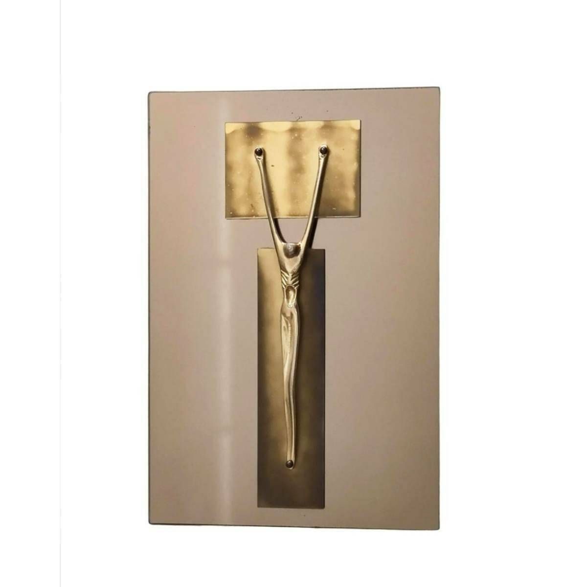 Postmodern Brass Crucifix On Tinted Glass Base Done In Fontana Arte Style // Vintage Wall Art Depicting Jesus // Made In Italy In 1970s