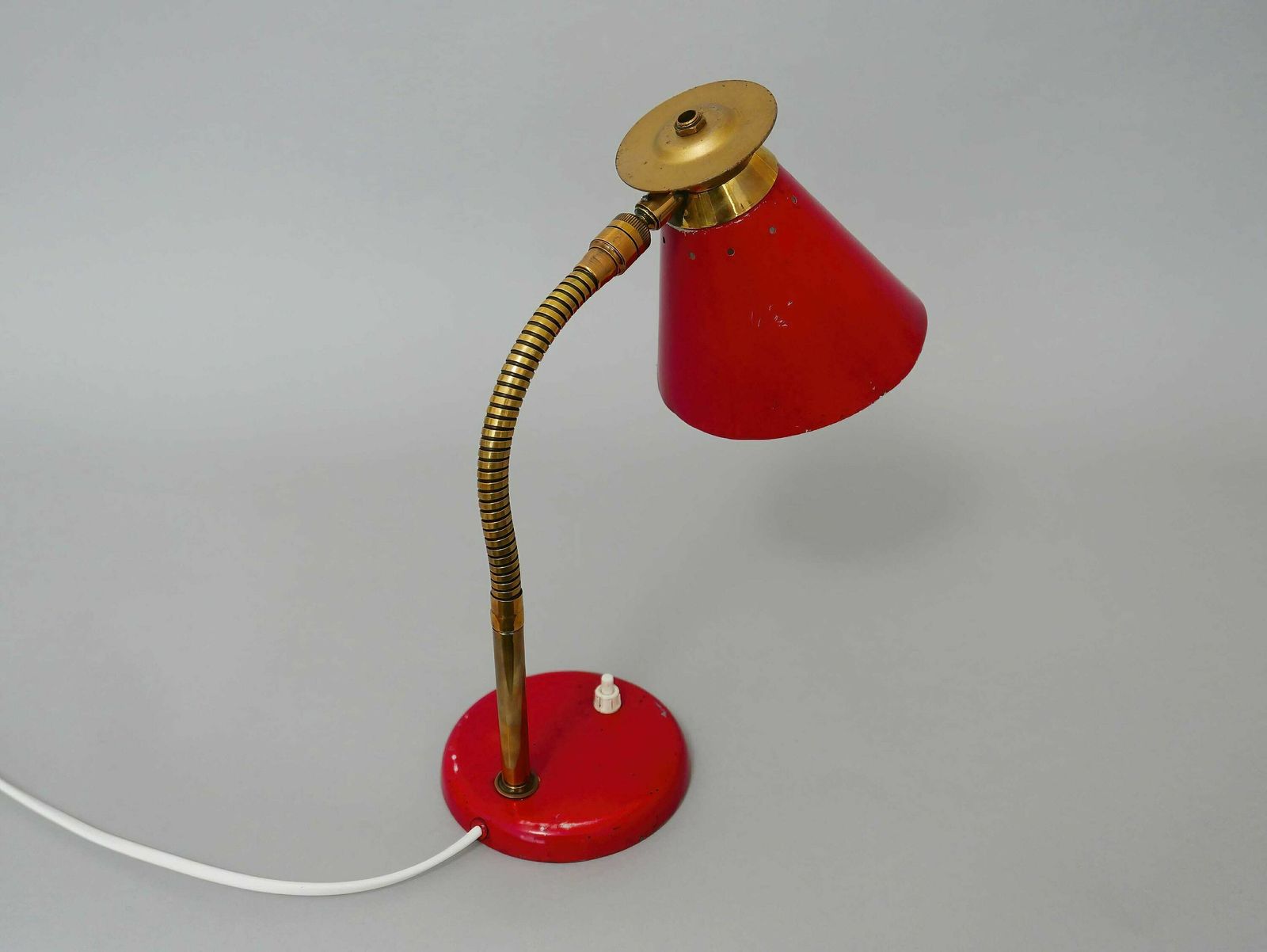 Red And Gold Vintage Mid Century Gooseneck Desk Lamp, French, 1950s: Stylish Illumination For Home Decor photo for sale
