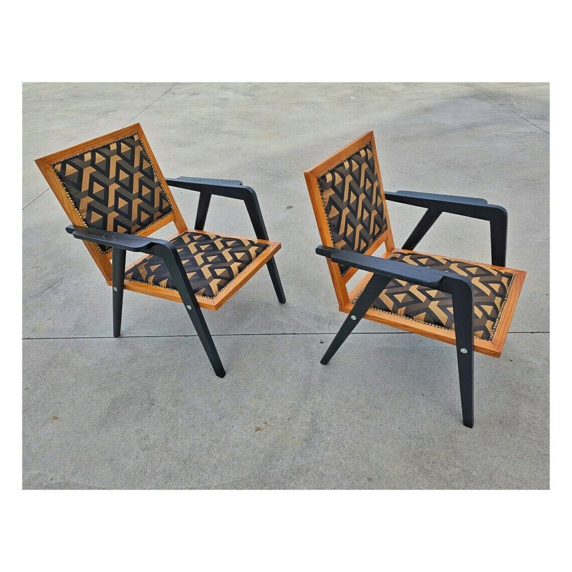 Very Rare Refurbished Mid Century Modern Armchairs In Oak Wood And Jacquard Fabric // Made In Yugoslavia In 1950s