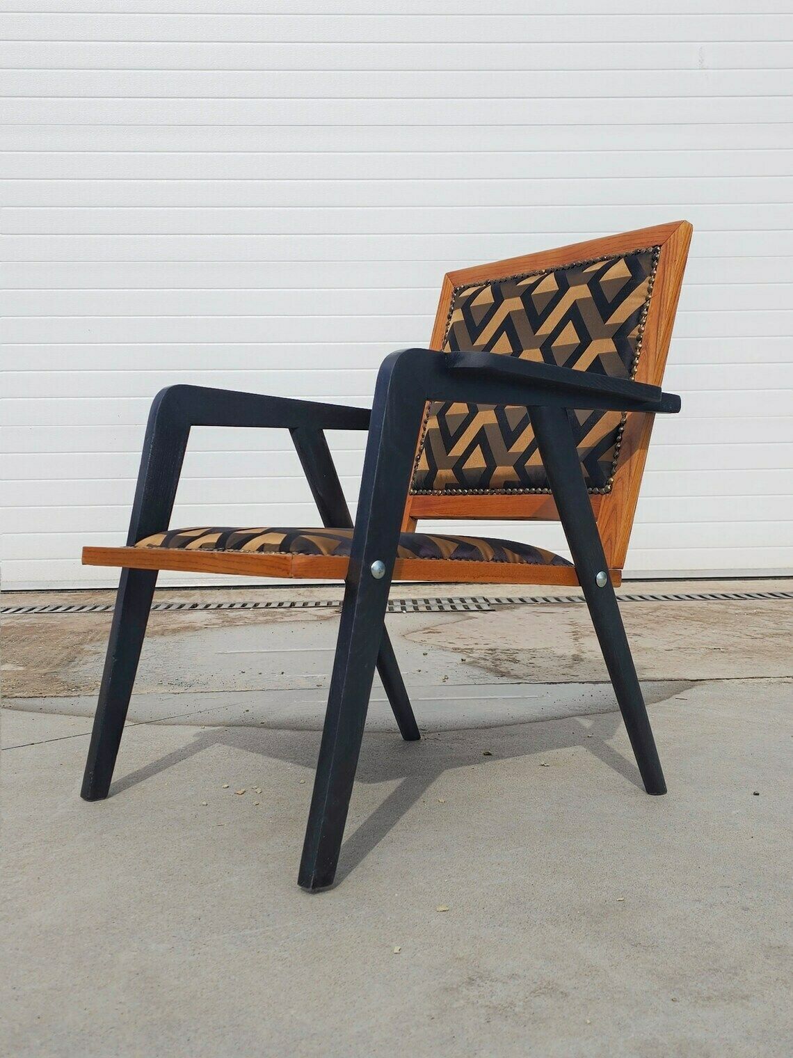 Very Rare Refurbished Mid Century Modern Armchairs In Oak Wood And Jacquard Fabric // Made In Yugoslavia In 1950s photo 1400.0