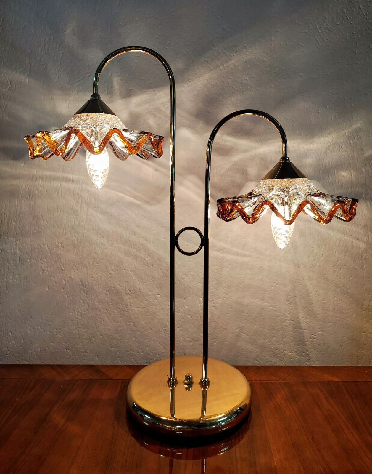 Mid Century Modern Brass Table Lamp With Murano Glass Shades By Mazzega // Murano Glass Table Lamp // Made In Italy In 1970s