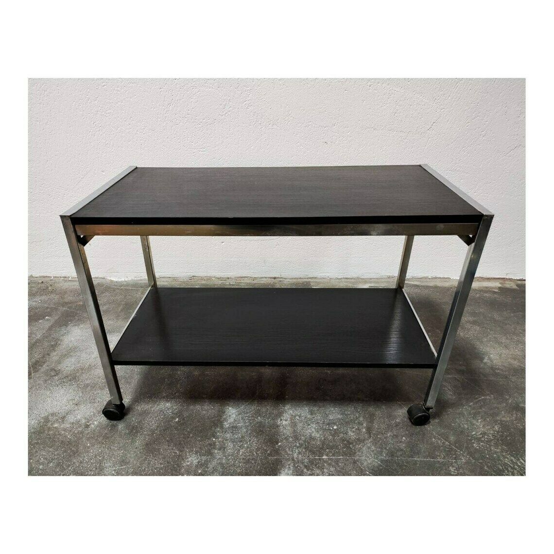 Vintage Side Table In Black Finish And Chrome // Vintage Black And Silver Serving Trolley // Made In Germany In 1970s