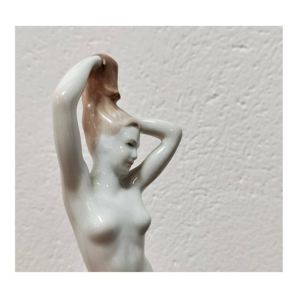 Art Deco Porcelain Figurine By Aquincum Budapest // Hungarian Royal Porcelain // Female Nude Figurine // Made In Hungary In 1950s photo 103.0