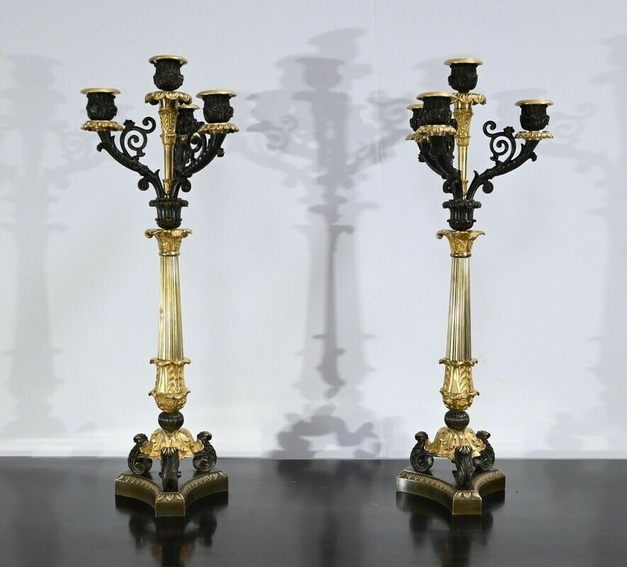 Pair Of Bronze Candlesticks With Double Patina, Restoration Period – Early 19th Century