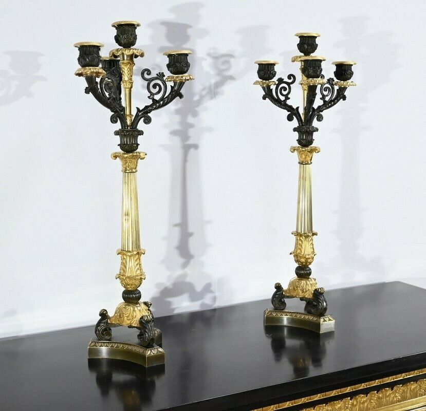 Pair Of Bronze Candlesticks With Double Patina, Restoration Period – Early 19th Century photo for sale