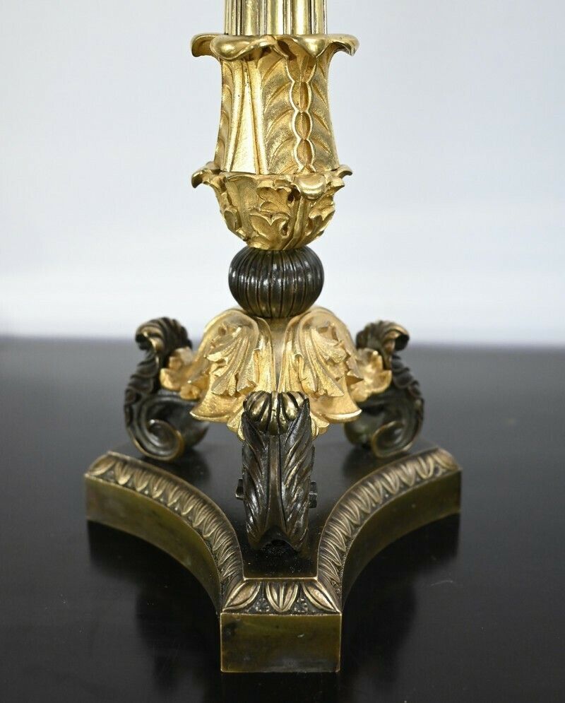 photo vintage Pair Of Bronze Candlesticks With Double Patina, Restoration Period – Early 19th Century