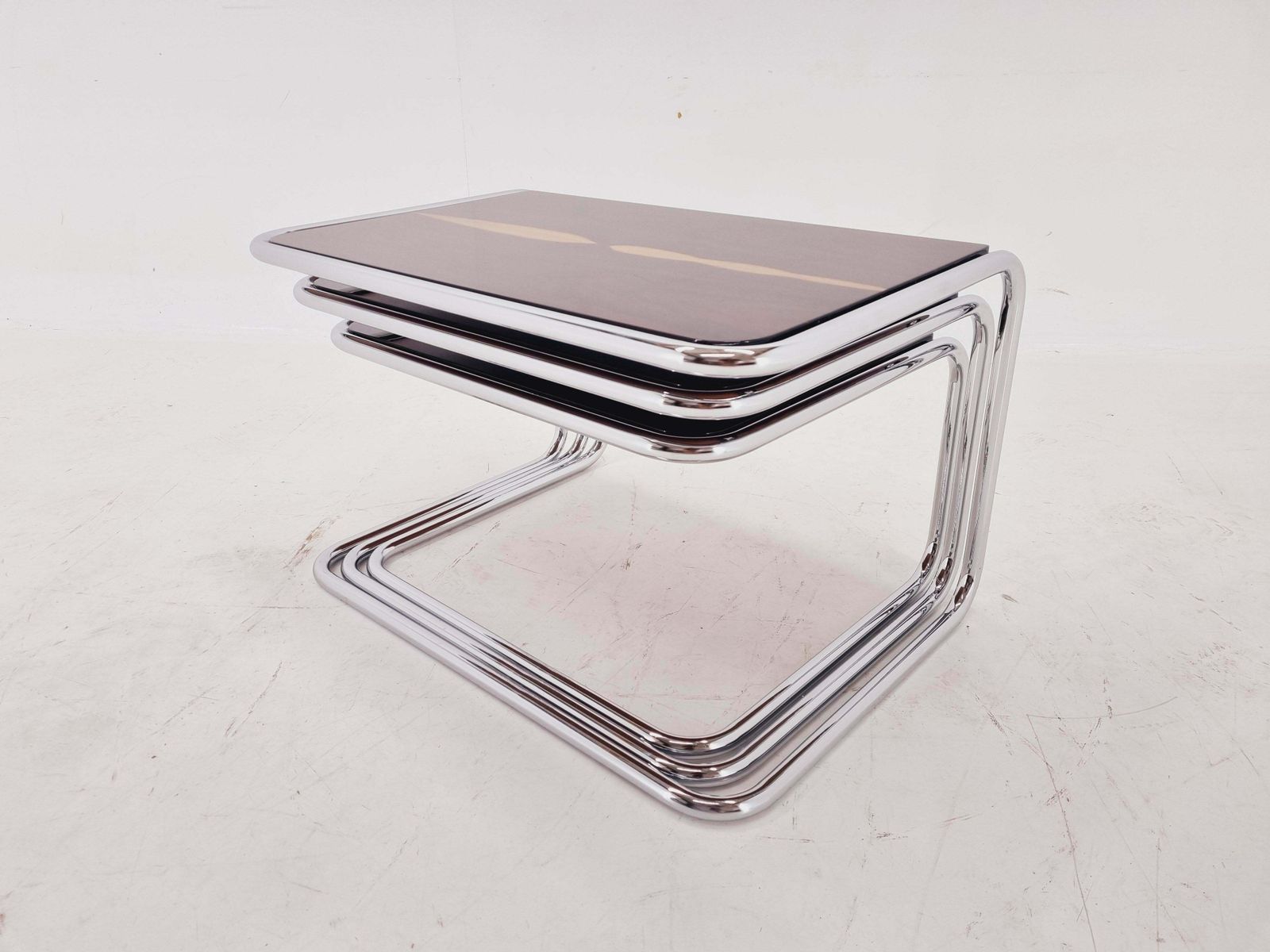 Furniture Exclusive Rare Midcentury Nesting Tables, Cocobolo Palisandr And Chrome, 1950s. photo