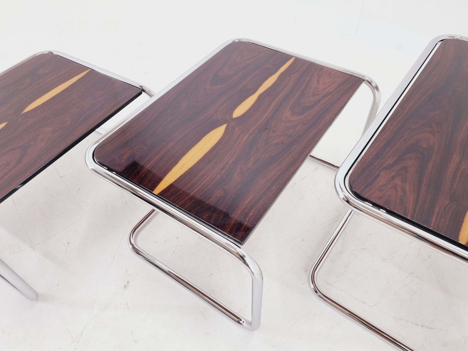 photo vintage Exclusive Rare Midcentury Nesting Tables, Cocobolo Palisandr And Chrome, 1950s.
