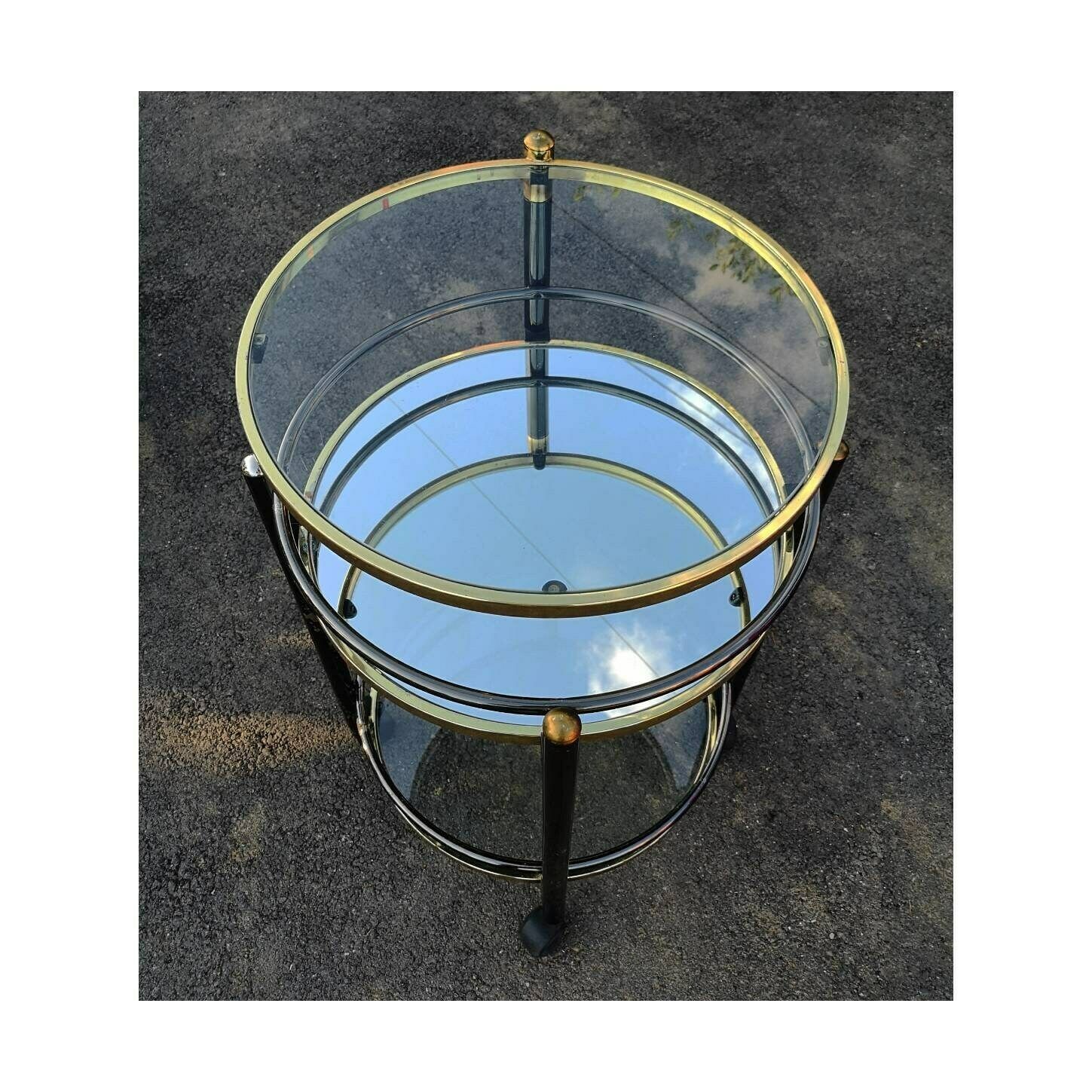 Milo Baughman Style Black And Gold Bar Cart // Vintage Bar Trolley // Round Bar Cart // 3 Tier Bar Cart // Made In Italy In 1970s photo vinterior